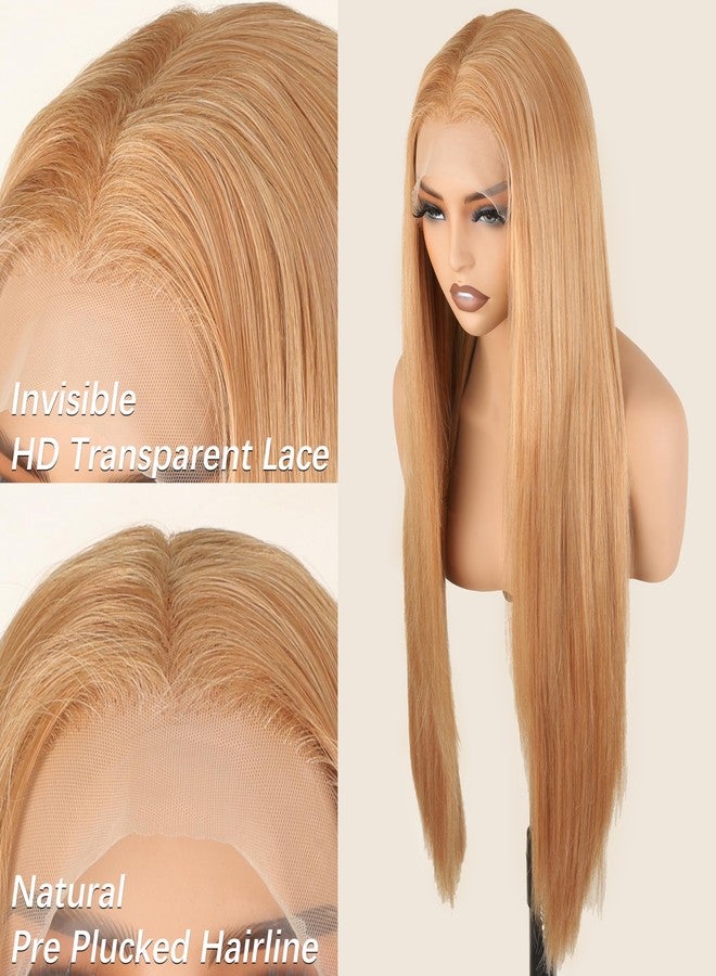 SOKU 13x6 Strawberry Honey Blonde Lace Front Wigs,32 Inch Long Straight Synthetic Hair with Pre Plucked Hairline,Free Part Silky Straight Glueless Lace Frontal Wig for Women Beginner Friendly - Image 3